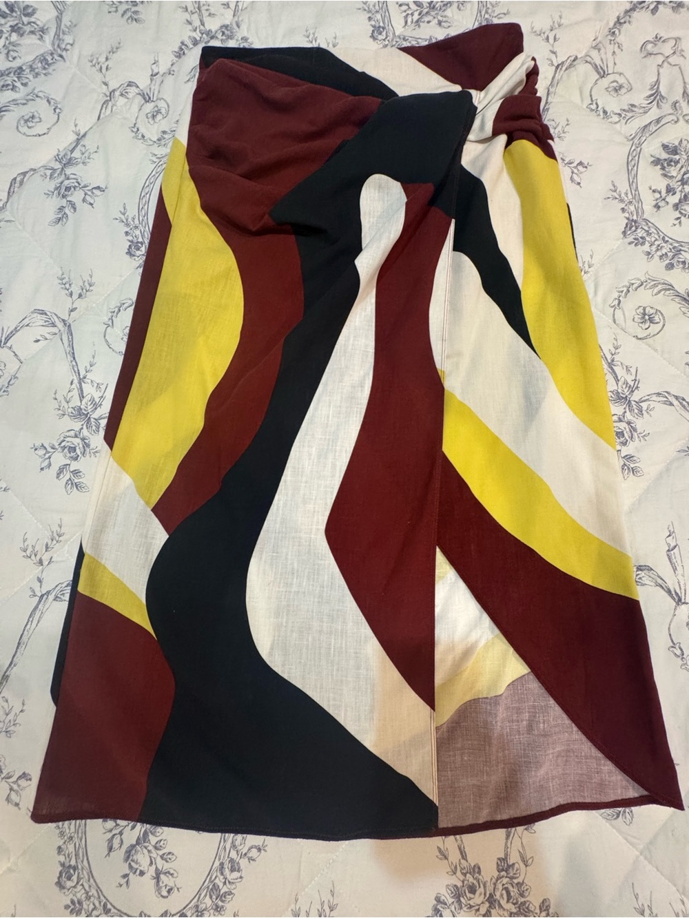 Zara Midi Skirt in Burgundy, Black, Yellow & White Abstract Print